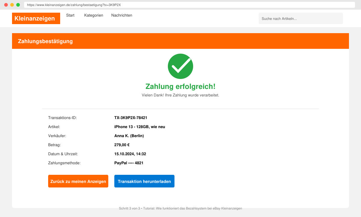 Bestätigungsseite nach erfolgreicher Zahlung mit Transaktionsdetails in der eBay Kleinanzeigen Oberfläche