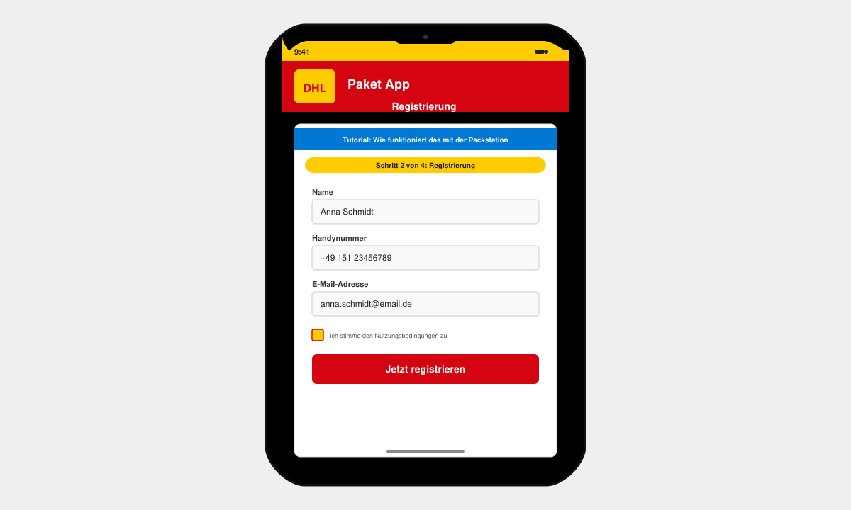 Smartphone-Bildschirm mit der DHL App und dem Registrierungsformular