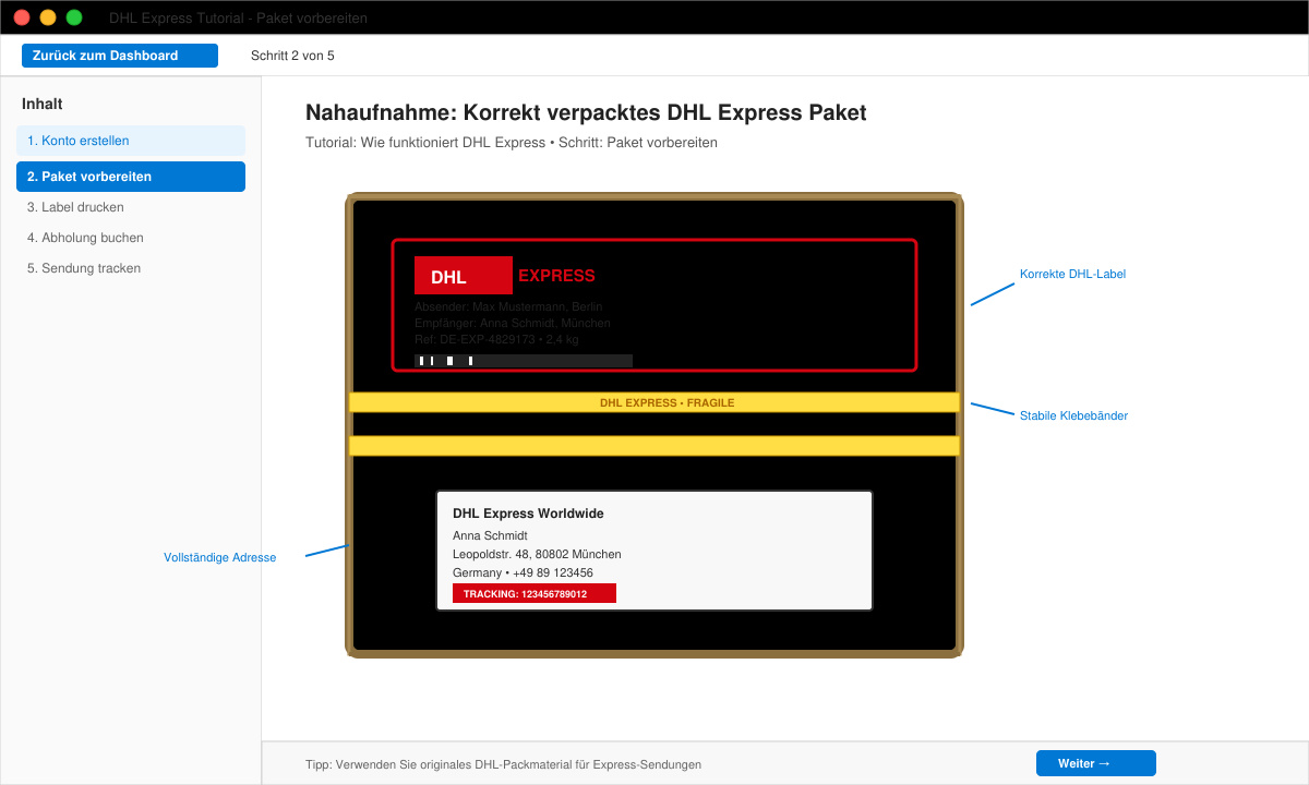 Nahaufnahme eines korrekt verpackten DHL Express Pakets mit Adressetikett