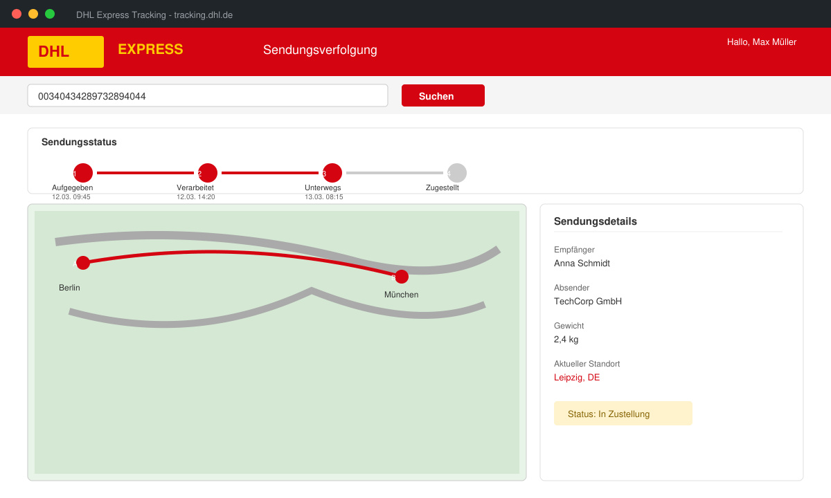 Screenshot der DHL Express Tracking-Oberfläche mit Statusanzeige