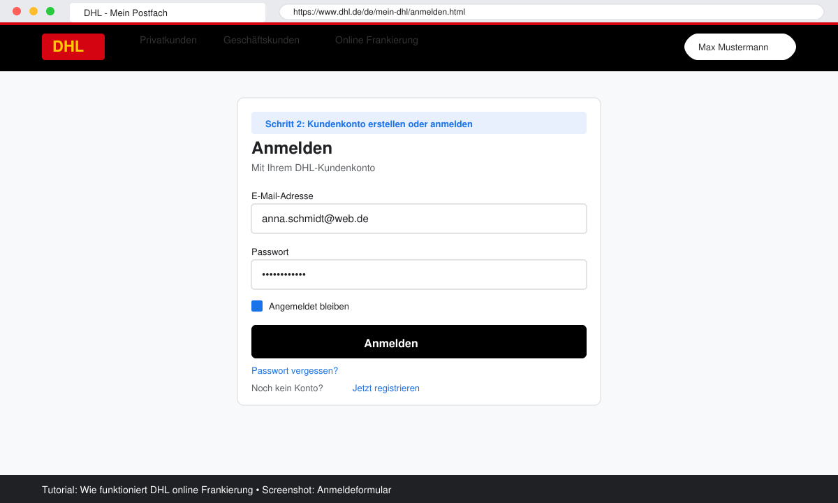 Anmeldebildschirm für DHL online frankierung