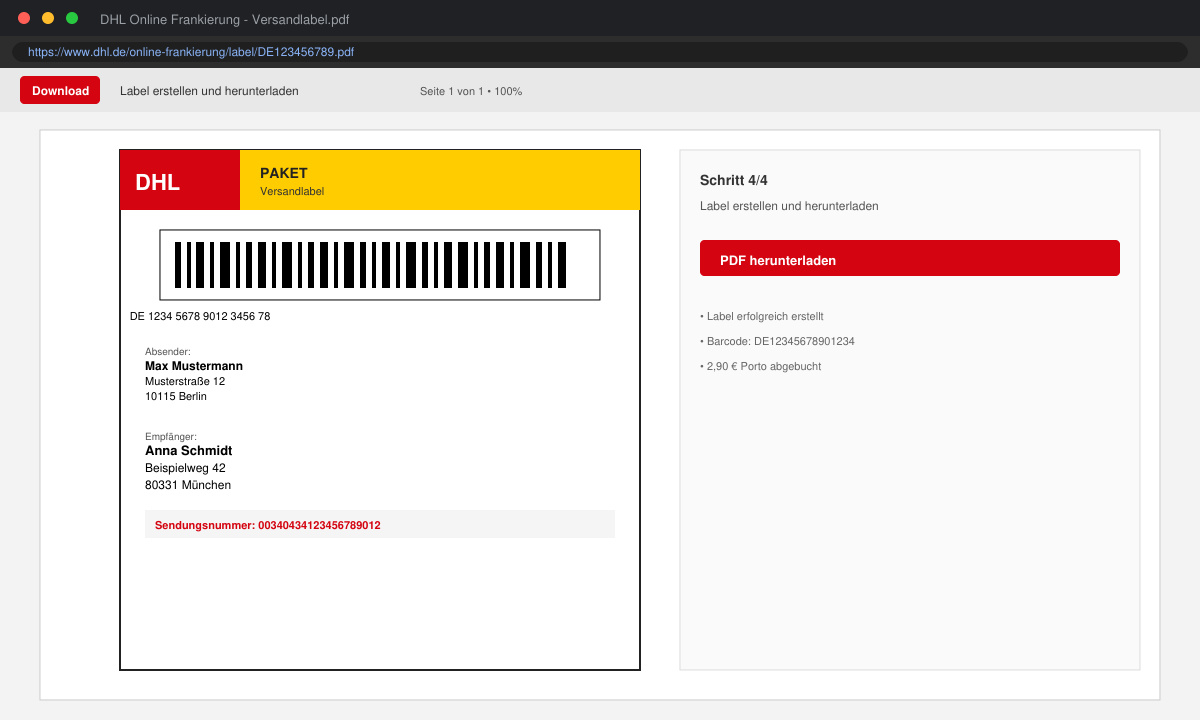 Erstelltes DHL Versandlabel nach erfolgreicher online frankierung