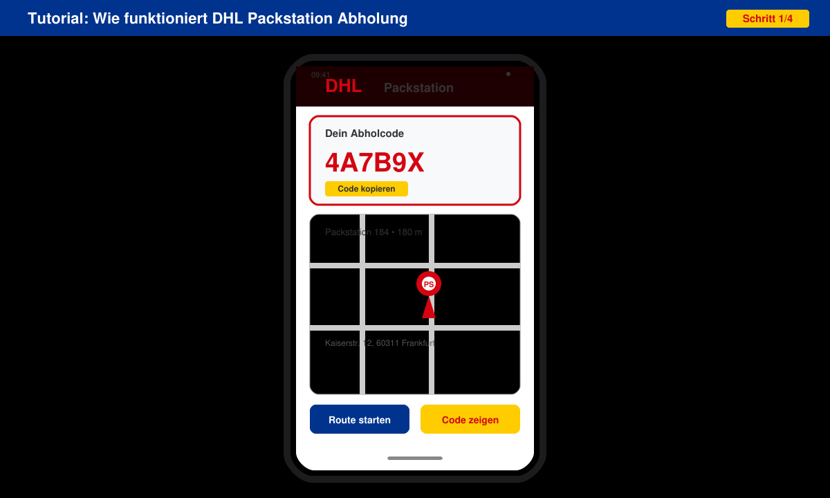 Bildschirm der DHL App mit angezeigtem Abholcode und Standort der Packstation