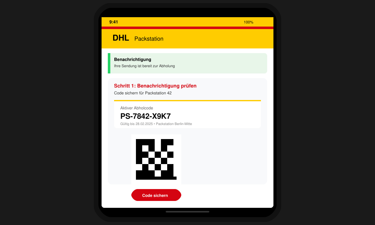 Smartphone zeigt DHL App mit Abholcode für Packstation