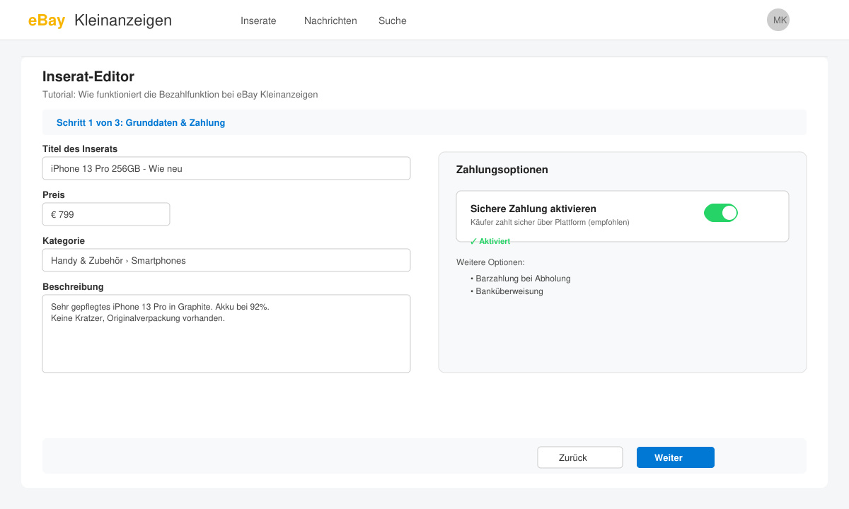 Bildschirm mit aktiviertem Schalter für sichere Zahlung im Inserat-Editor