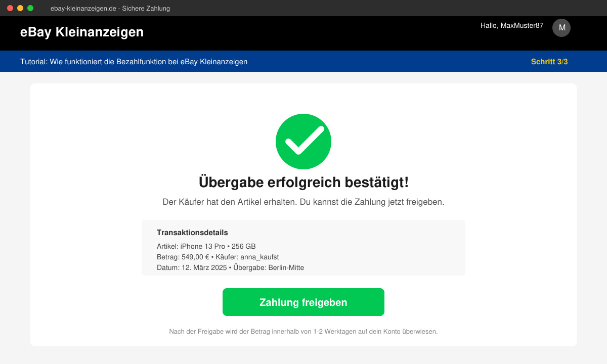 Bestätigungsbildschirm nach erfolgreicher Übergabe mit Freigabe-Button