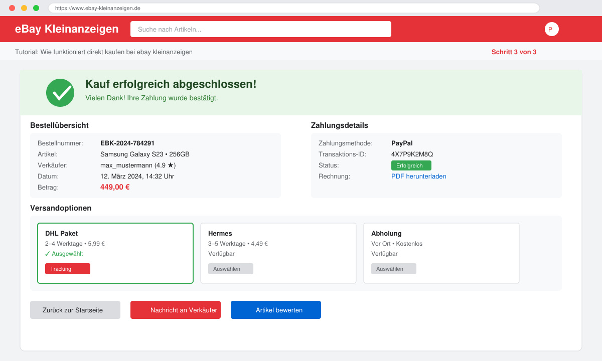 Zahlungsbestätigungsseite nach abgeschlossenem Direktkauf