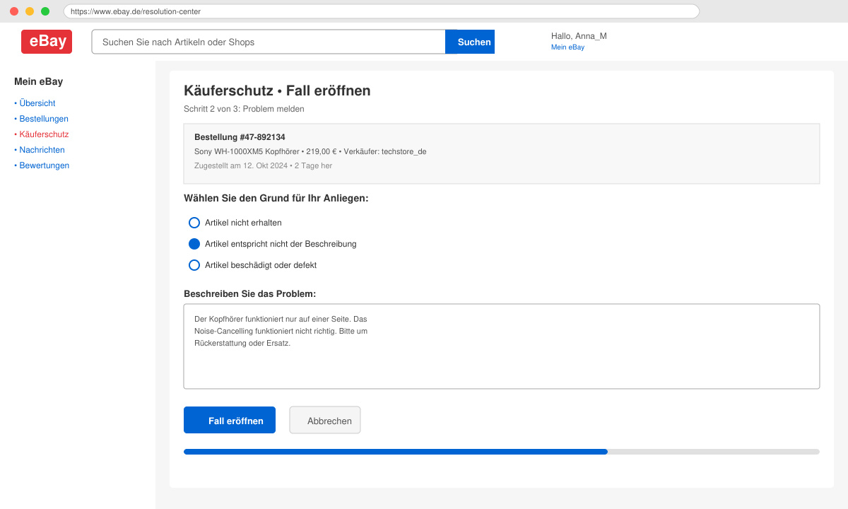 Schritt zum Melden eines Problems im eBay Käuferschutz