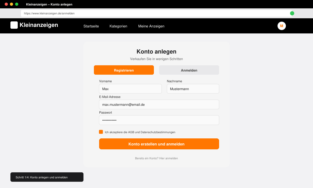 Anmelde- und Registrierungsformular auf Kleinanzeigen
