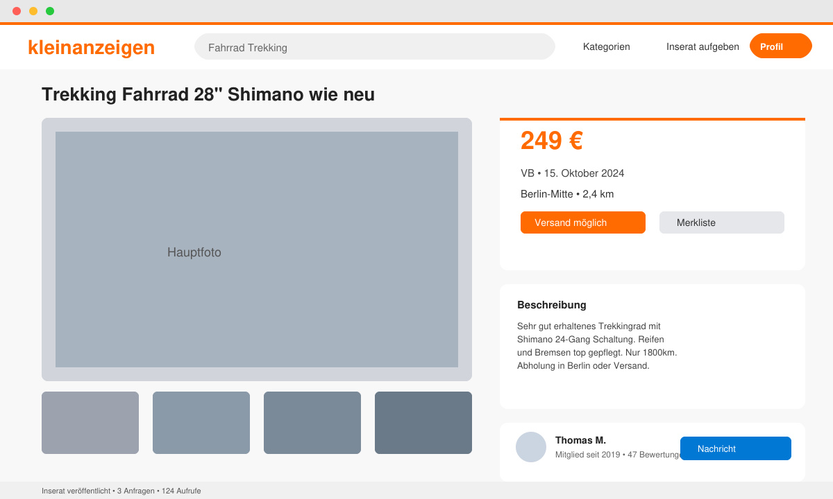 Beispiel eines fertigen Inserats mit Fotos und Preis auf Kleinanzeigen
