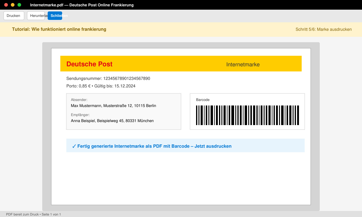 Fertig erstellte Internetmarke zum Ausdrucken