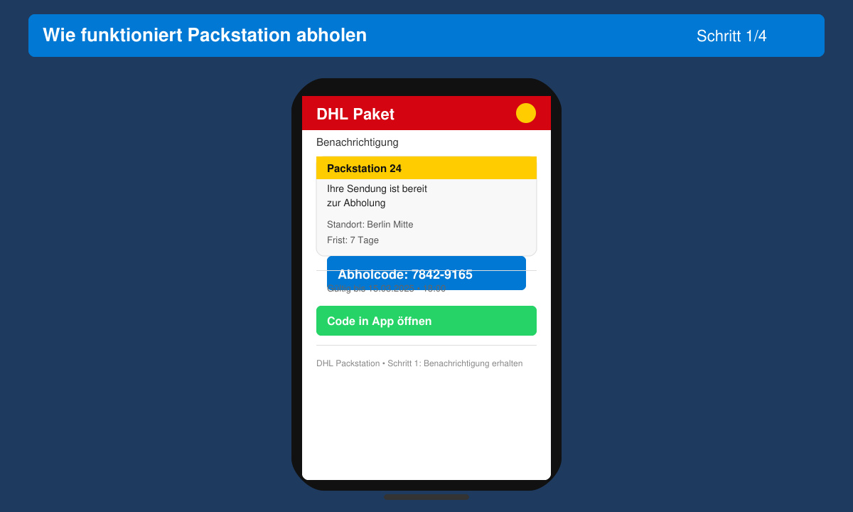 Smartphone zeigt DHL App mit Packstation Benachrichtigung und Abholcode