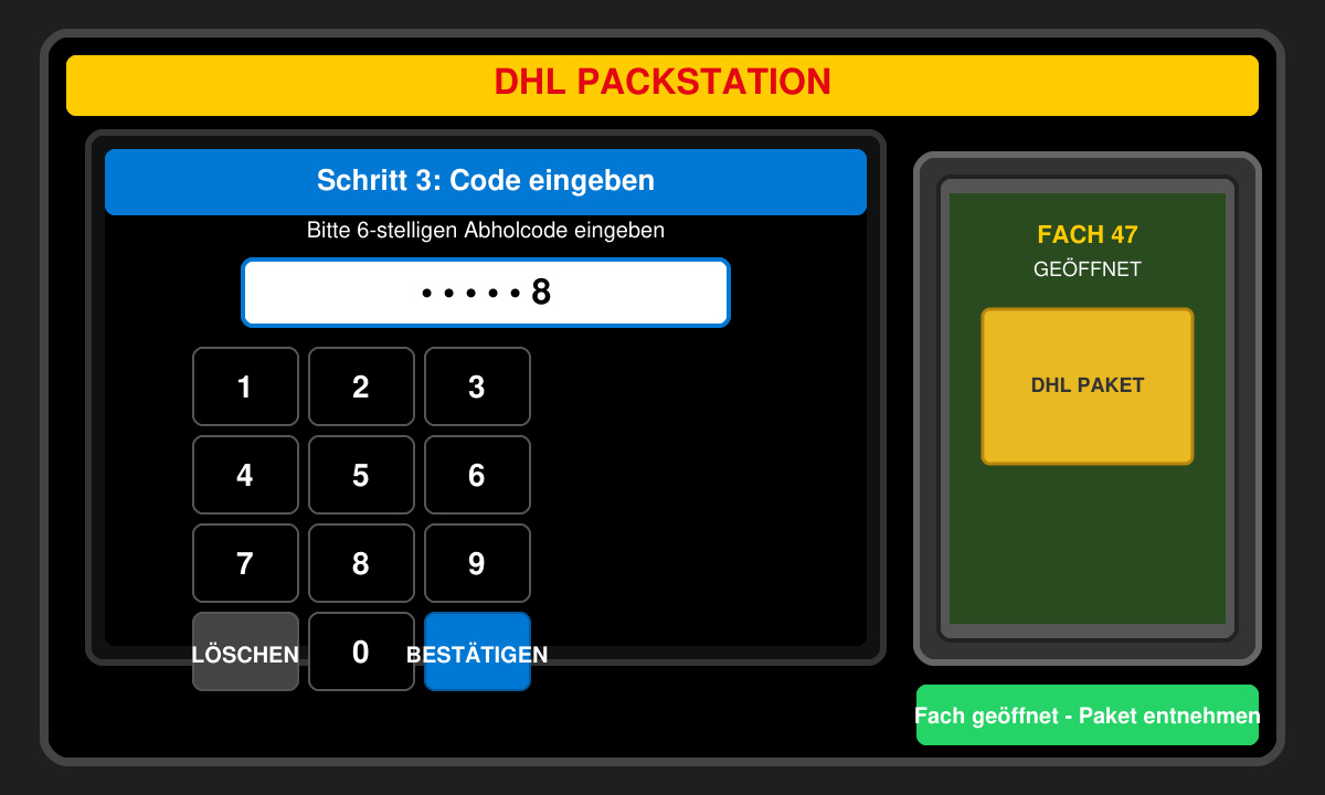 Nahaufnahme des Packstation Bildschirms beim Code-Eingeben mit geöffnetem Fach