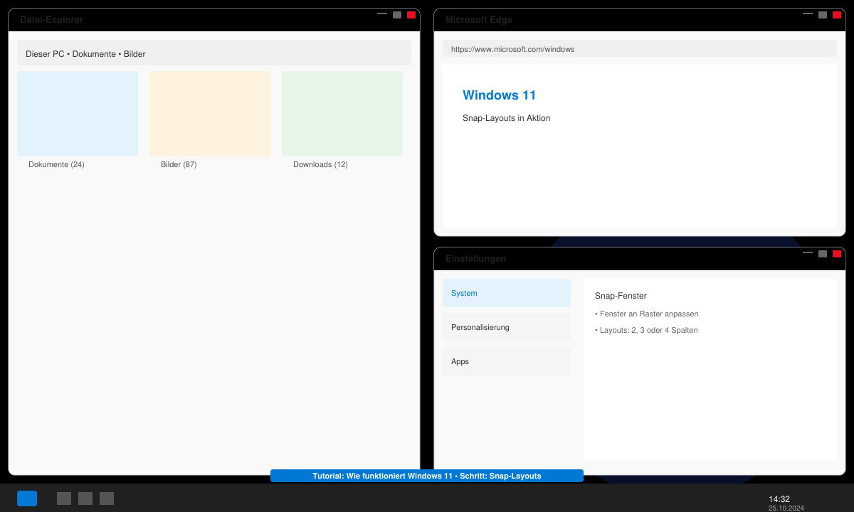 Windows 11 Snap-Layouts in Aktion mit mehreren geöffneten Fenstern