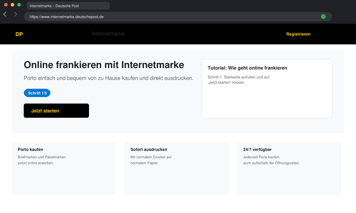 Browserfenster mit der Deutschen Post Internetmarke Startseite