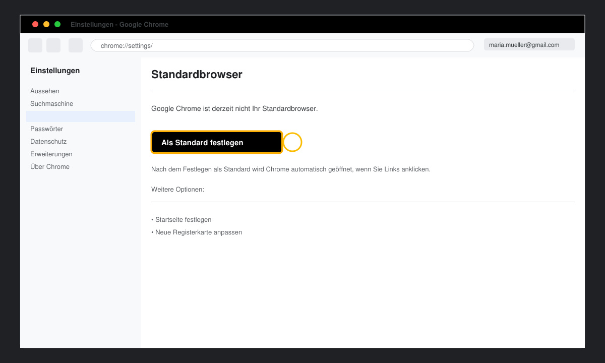 Chrome-Einstellungsfenster mit hervorgehobener Schaltfläche „Als Standard festlegen“