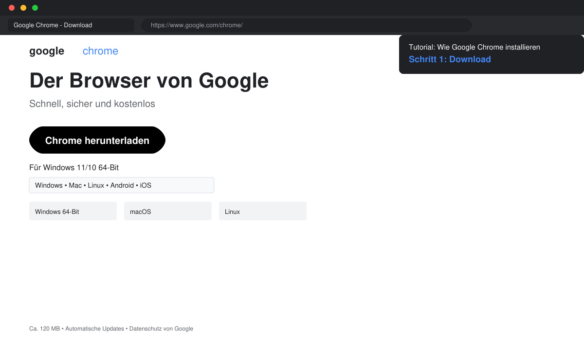 Screenshot of the official Chrome download page with the download button and system selection visible