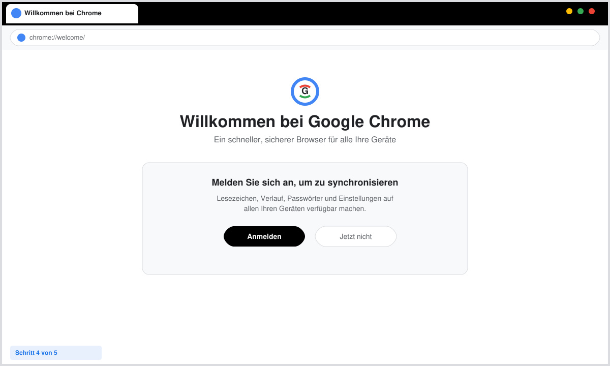 Finished installation view showing the Chrome browser window open with the welcome screen and sync option