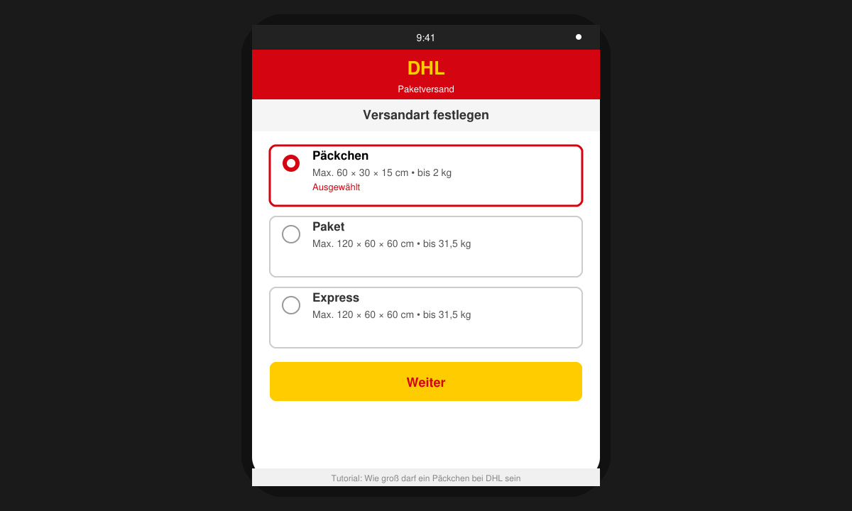 Smartphone-Bildschirm mit der DHL App, auf dem die Päckchen-Maße angezeigt werden
