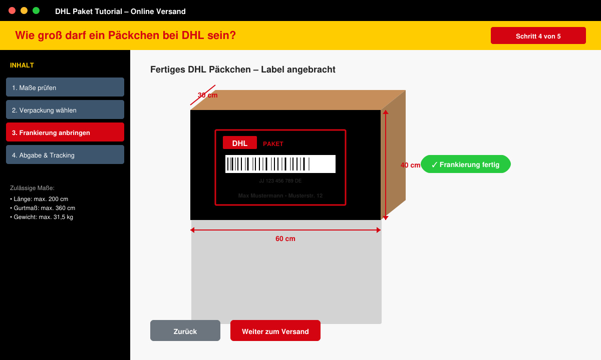 Fertiges DHL Päckchen mit aufgeklebtem Label und korrekten Maßen