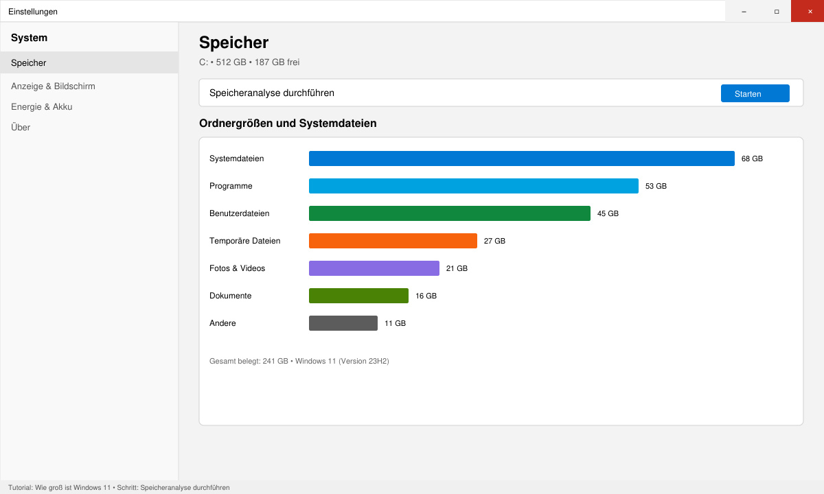 Speicheranalyse in den Windows 11 Einstellungen mit Balkendiagramm der Ordnergrößen