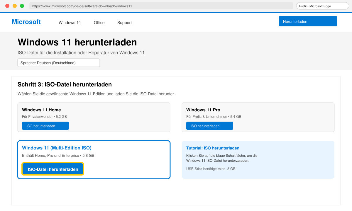 Bildschirm der Microsoft-Downloadseite mit hervorgehobener ISO-Datei für Windows 11
