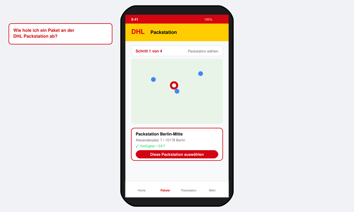 Smartphone-Bildschirm mit geöffneter DHL App und ausgewählter Packstation