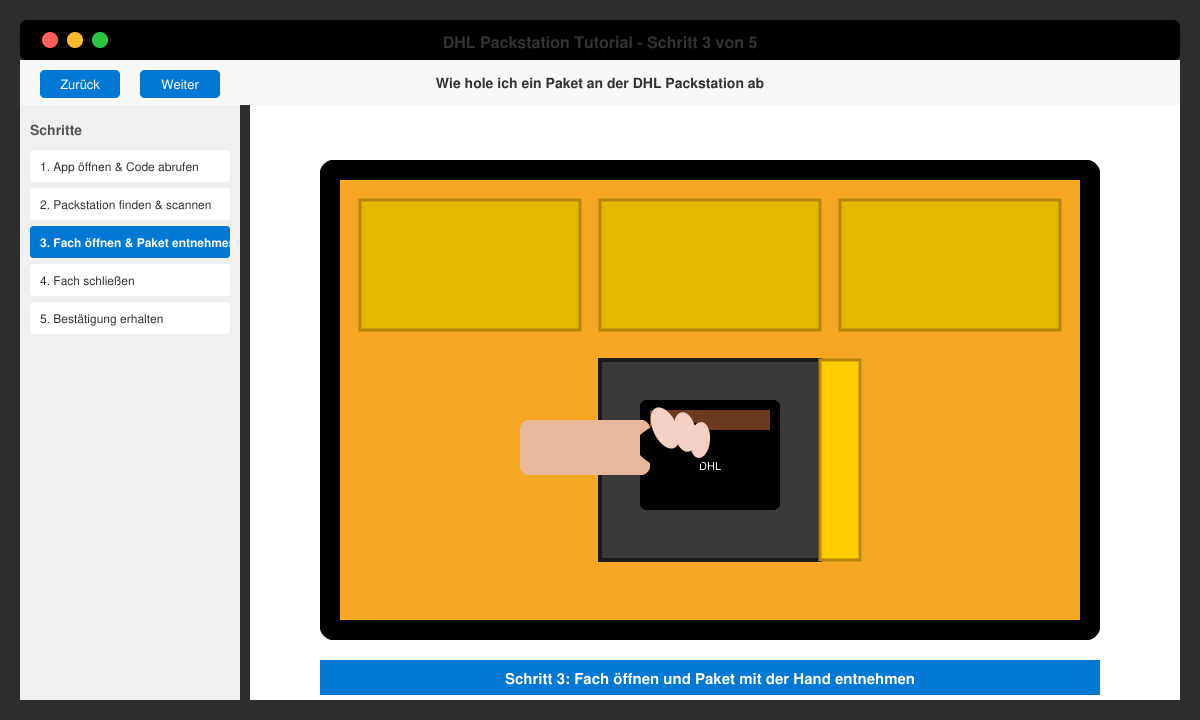Offenes Fach einer DHL Packstation mit Paket darin und Hand, die das Paket entnimmt