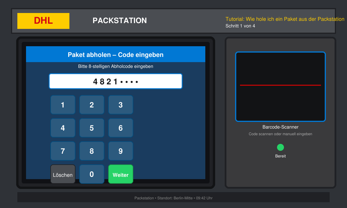 Nahaufnahme des Displays und Scanners an einer DHL Packstation mit Smartphone in der Hand