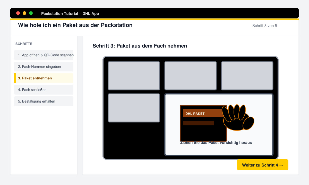 Geöffnetes Fach einer Packstation mit Paket darin und Hand, die das Paket herausnimmt