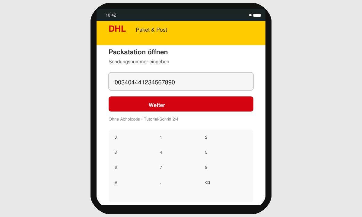 Smartphone-Bildschirm mit geöffneter DHL App und eingetippter Sendungsnummer