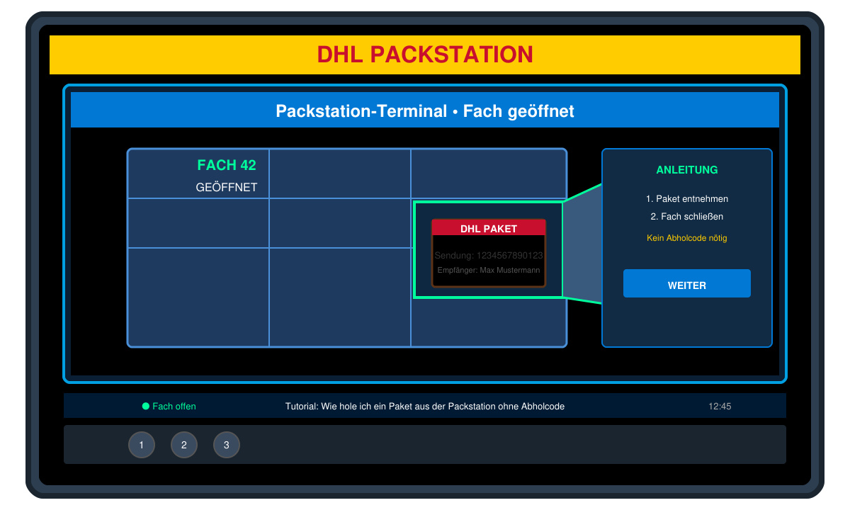 Packstation-Terminal mit geöffnetem Fach und Paket darin