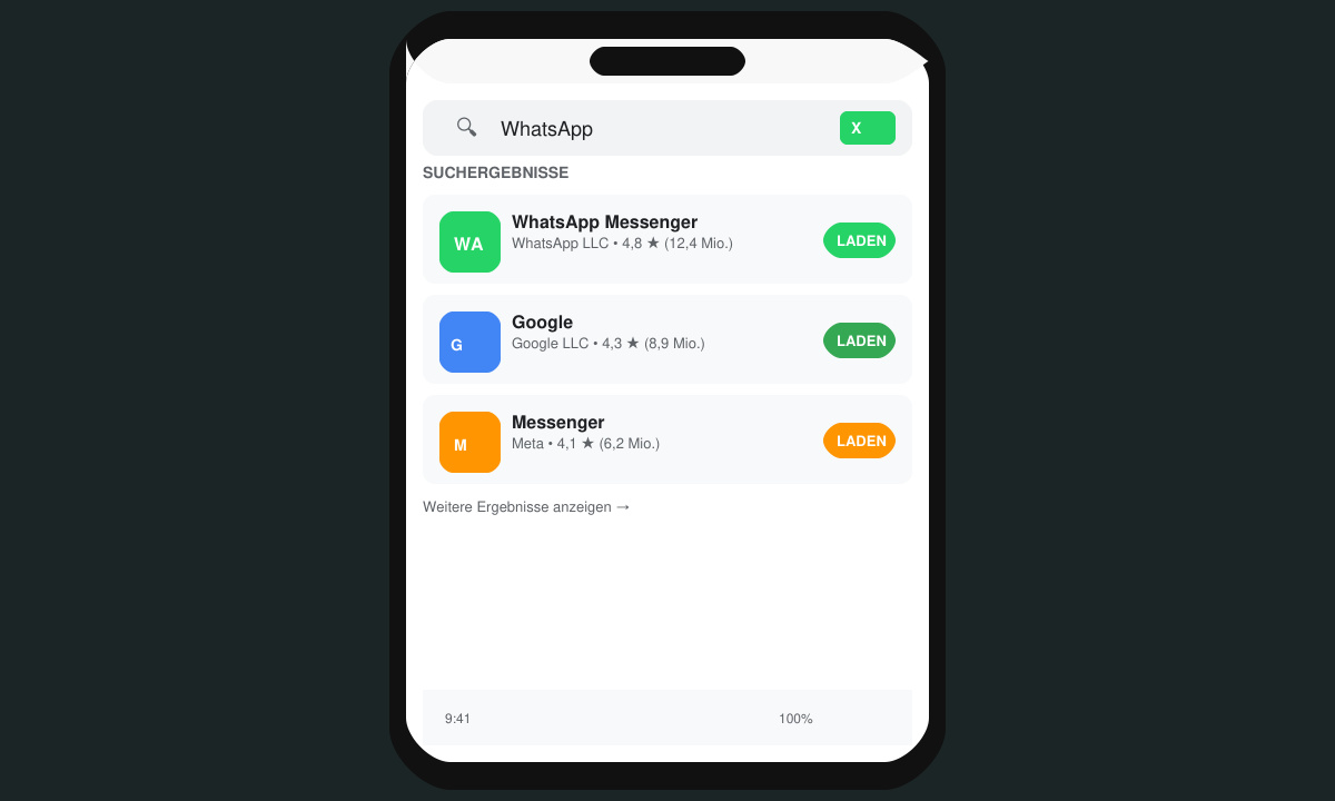 Bildschirm eines Smartphones mit WhatsApp in den Suchergebnissen des App Stores