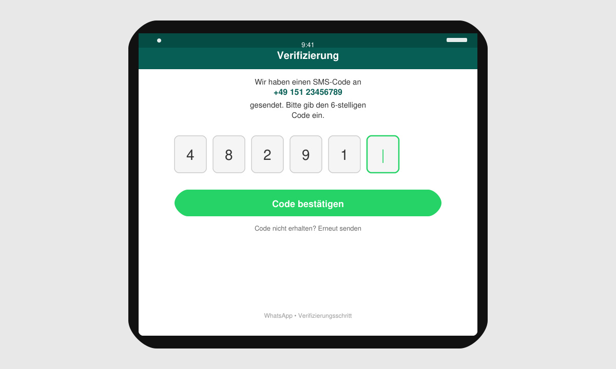 WhatsApp-Verifizierungsbildschirm mit Eingabefeld für den SMS-Code