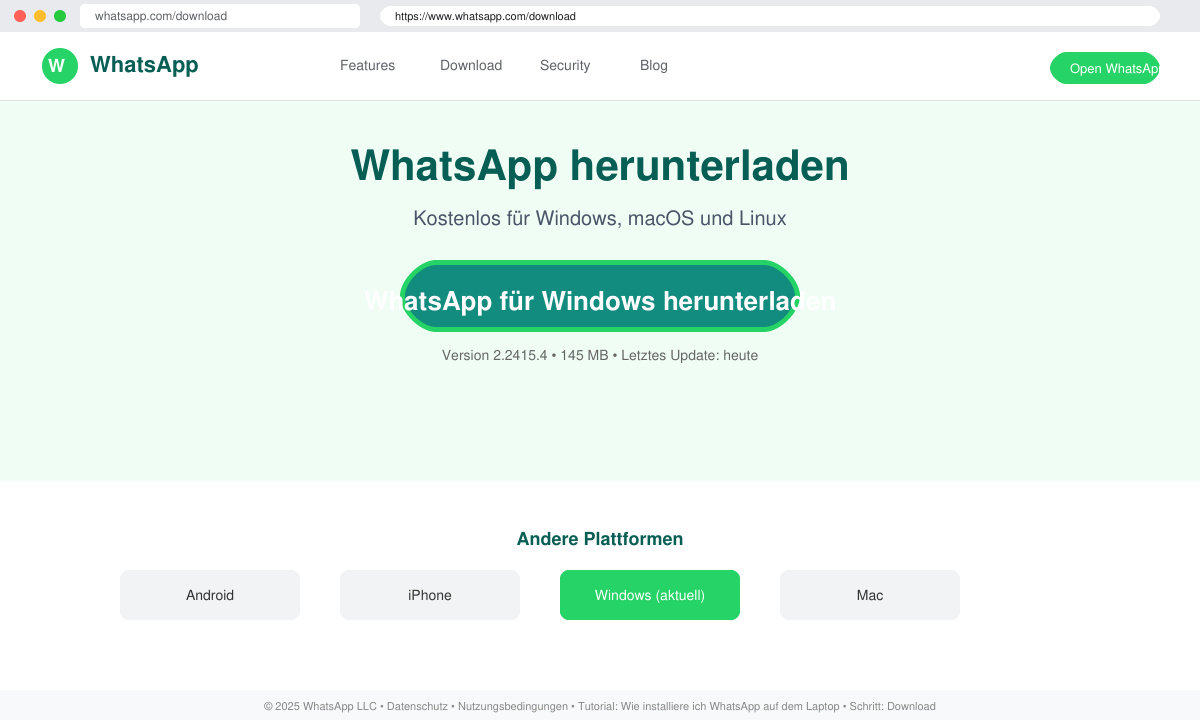 Screenshot der Download-Seite mit hervorgehobenem Download-Button