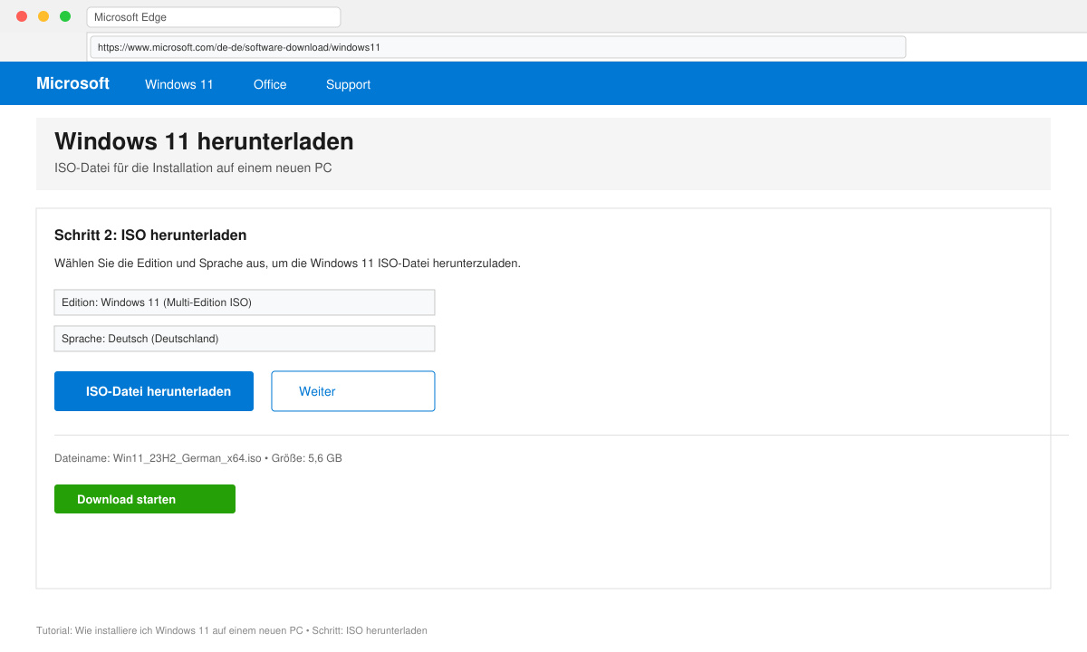 Bildschirm mit geöffneter Microsoft-Download-Seite für Windows 11 ISO