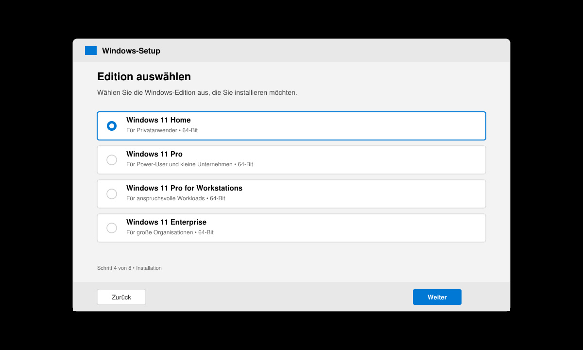 Installationsbildschirm von Windows 11 mit Auswahl der Edition