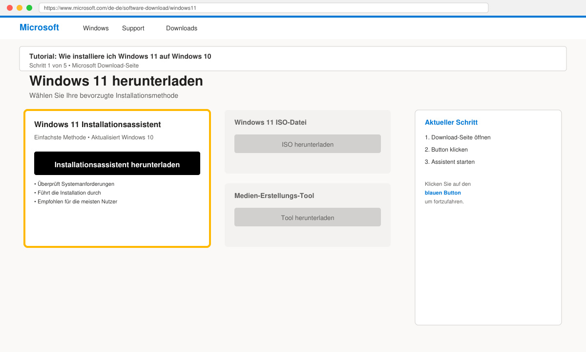 Download-Seite von Microsoft mit hervorgehobenem Installationsassistenten-Button