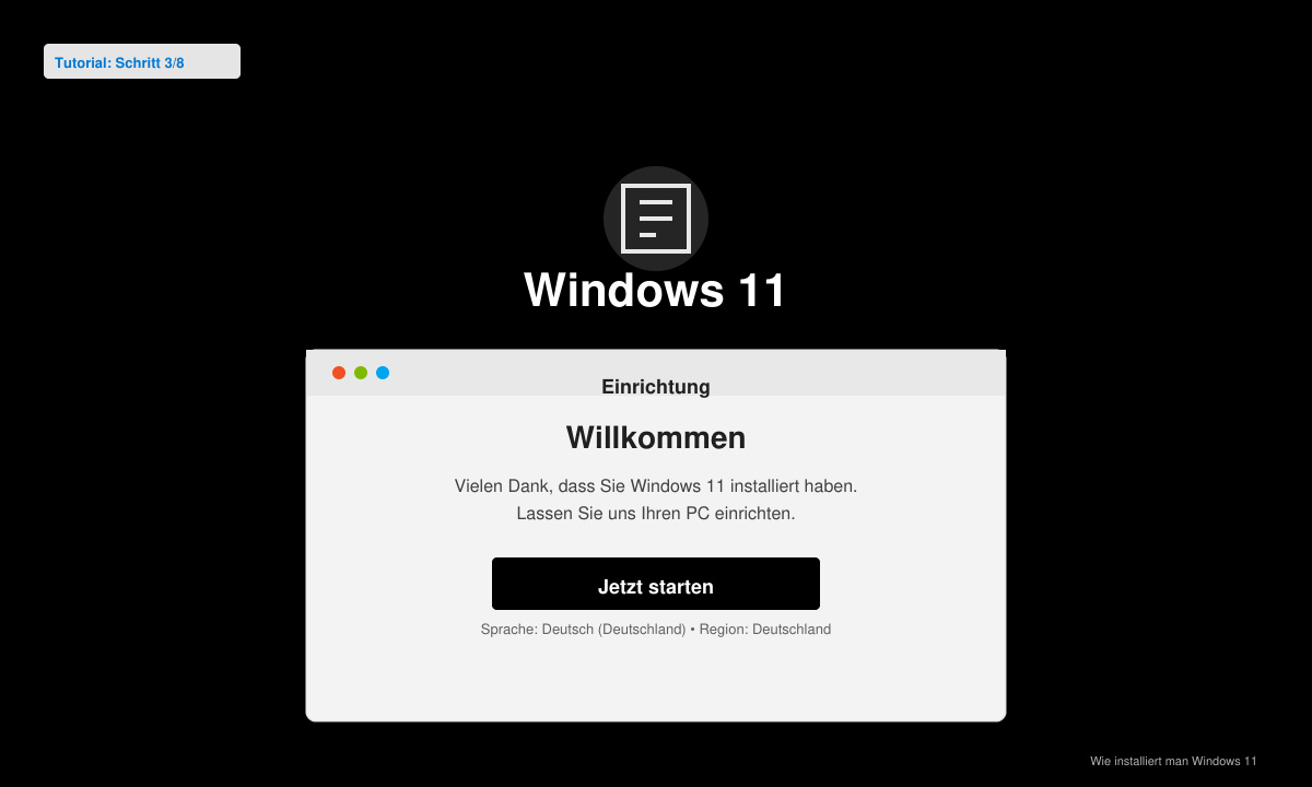 Windows 11 Einrichtungsbildschirm mit Willkommensfenster nach der Installation