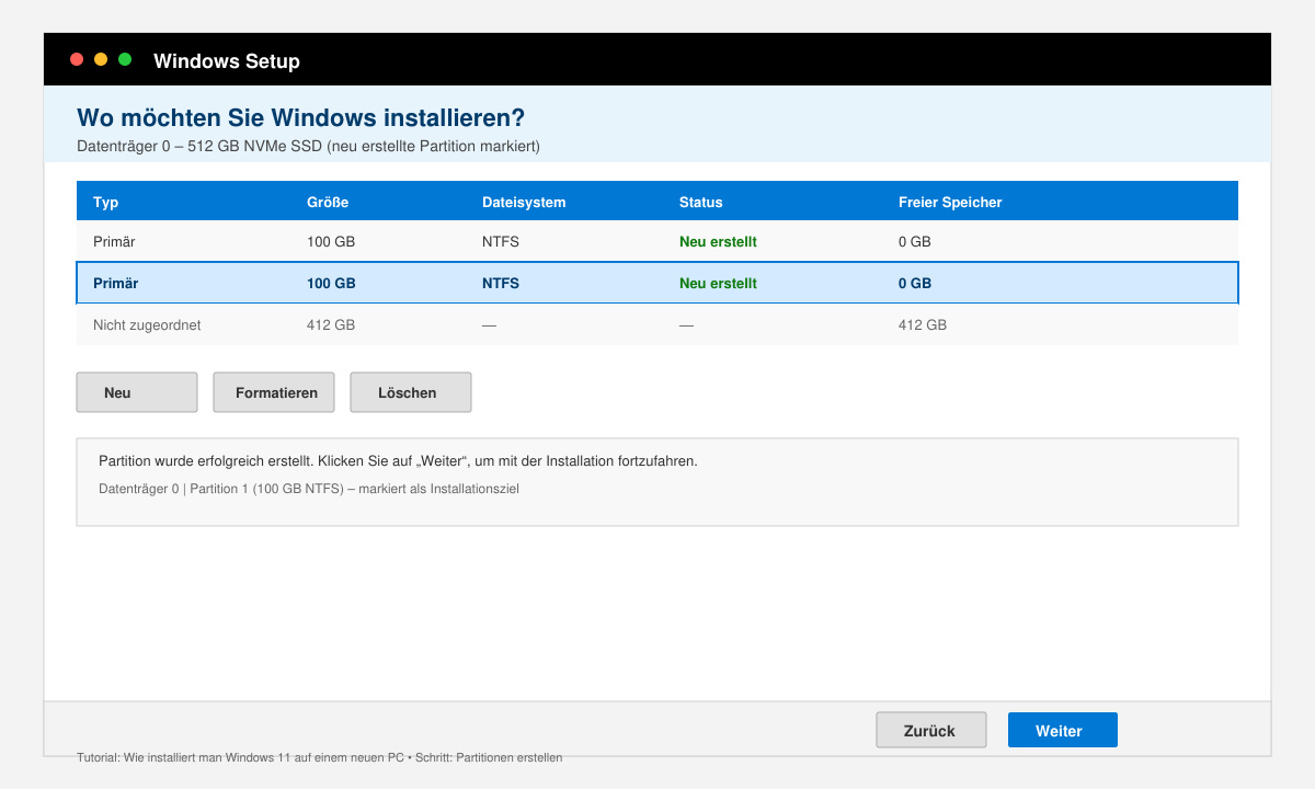 Windows-Setup-Bildschirm mit Datenträgerauswahl und neu erstellter Partition