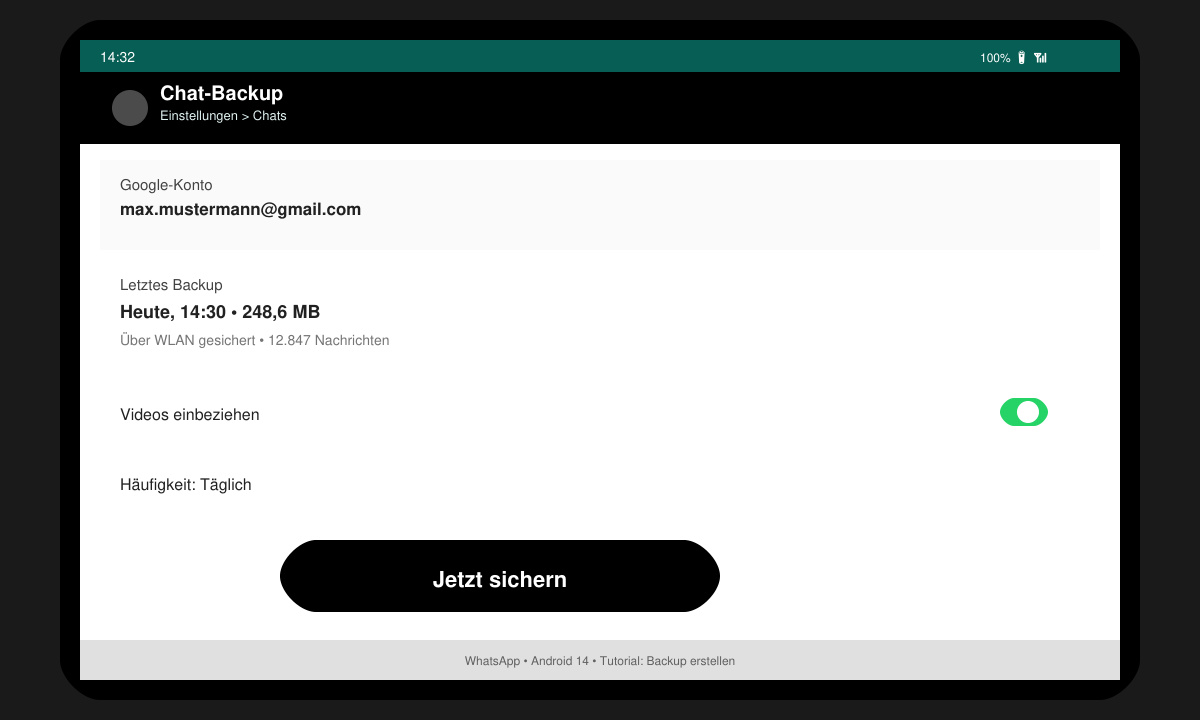 WhatsApp Einstellungsmenü mit hervorgehobener Chat-Backup-Option auf einem Android-Handy