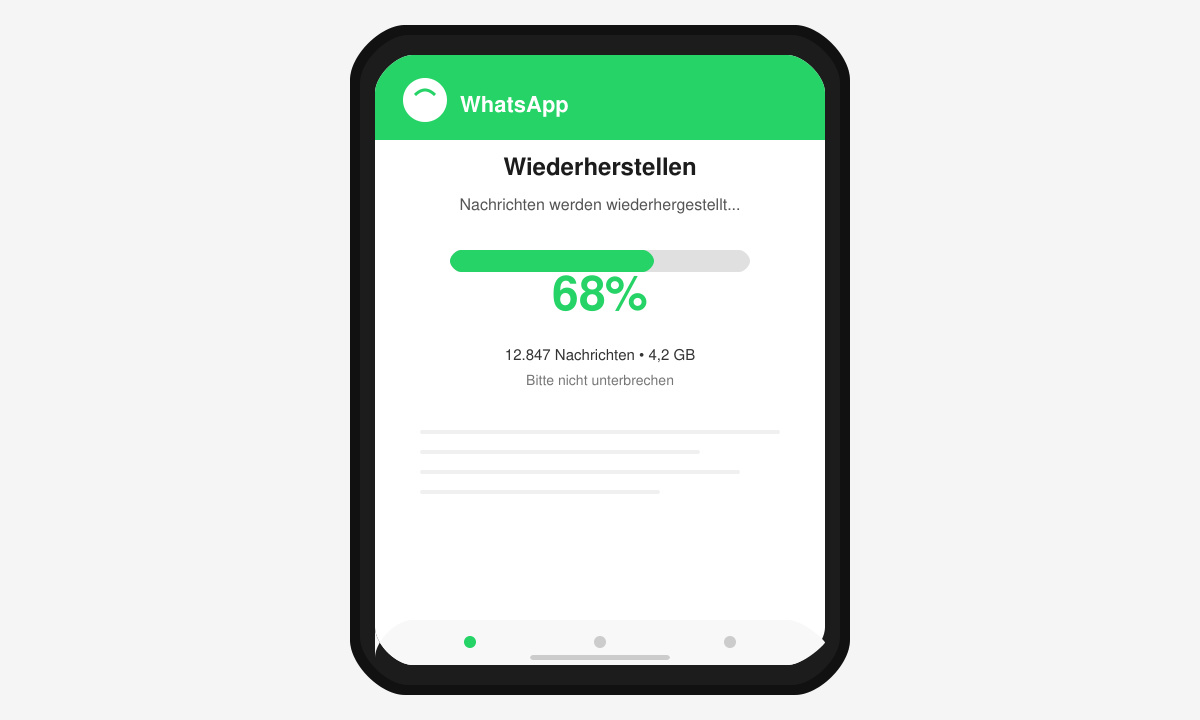 Bildschirm der WhatsApp-Wiederherstellung mit Fortschrittsbalken auf dem neuen Handy