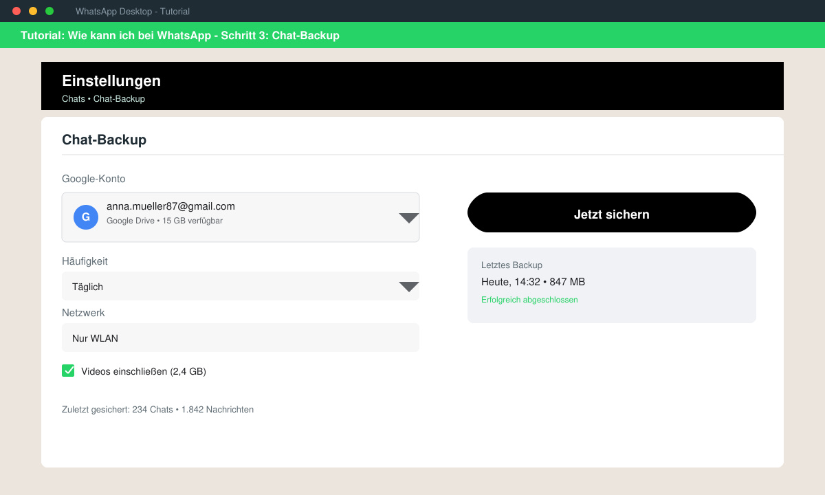 WhatsApp Chat-Backup Bildschirm mit Google-Konto Auswahl und Jetzt sichern Button