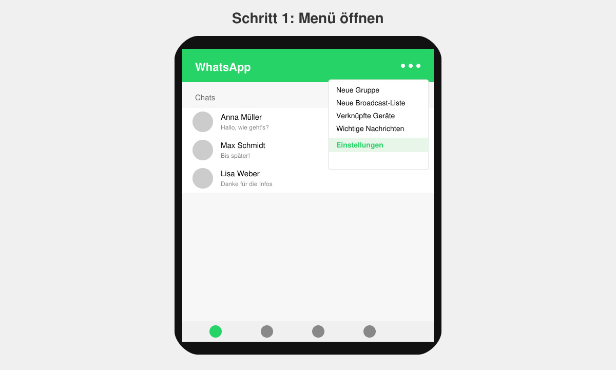 WhatsApp-Menü mit dem Pfad zu den blockierten Kontakten