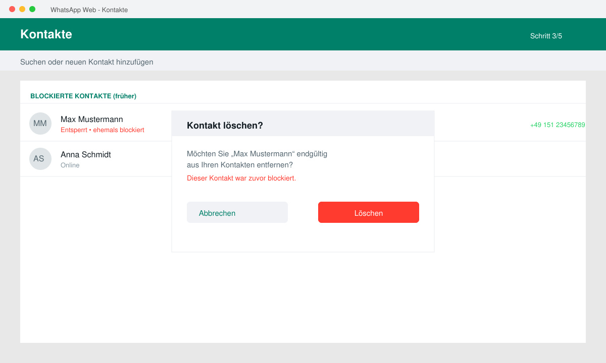 Ansicht der Kontakte-App mit Löschbestätigung eines Eintrags