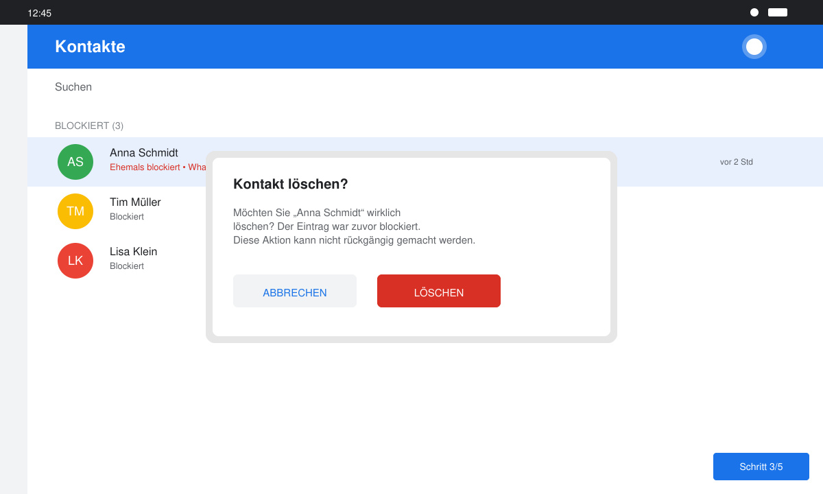 Android-Kontakte-App mit Löschbestätigung für einen ehemals blockierten Eintrag