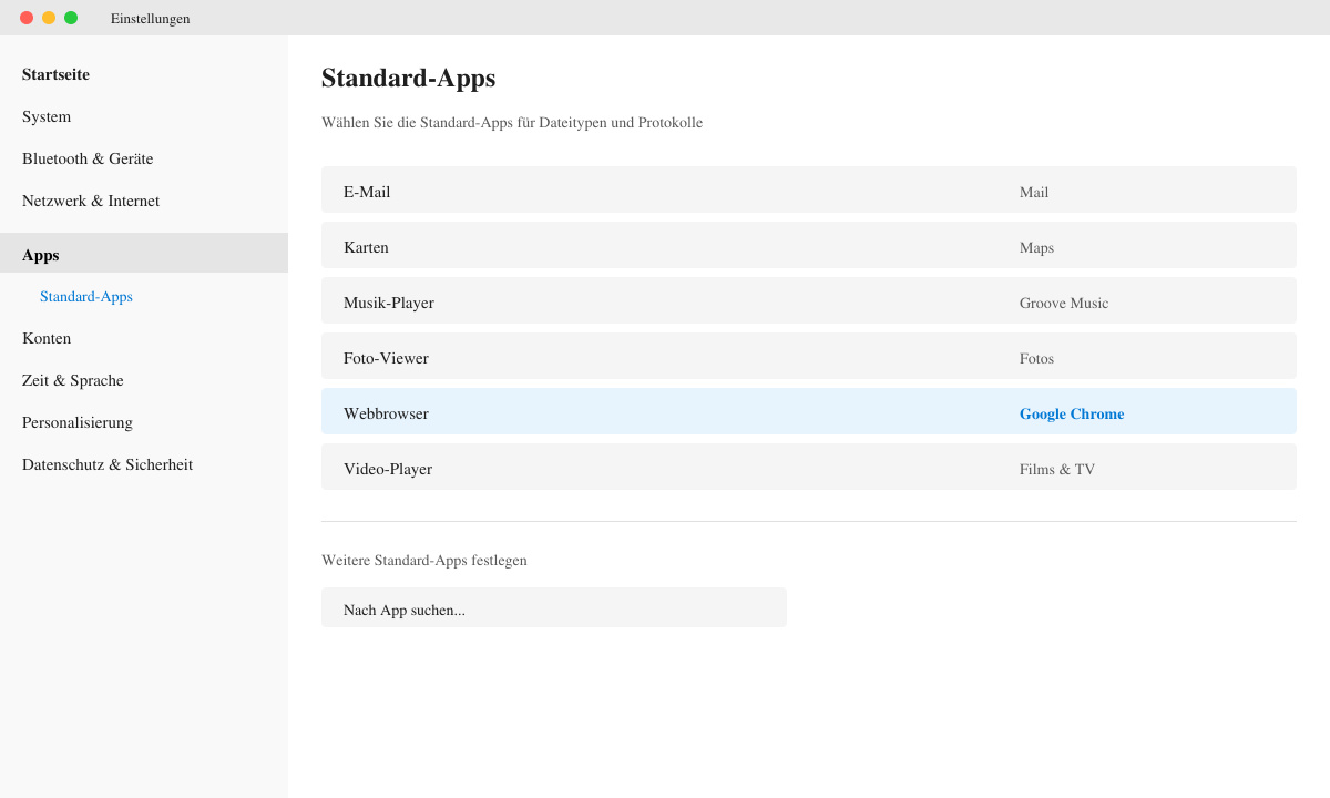 Bildschirm mit Windows-Einstellungen unter Apps > Standard-Apps, Chrome ist in der Liste hervorgehoben