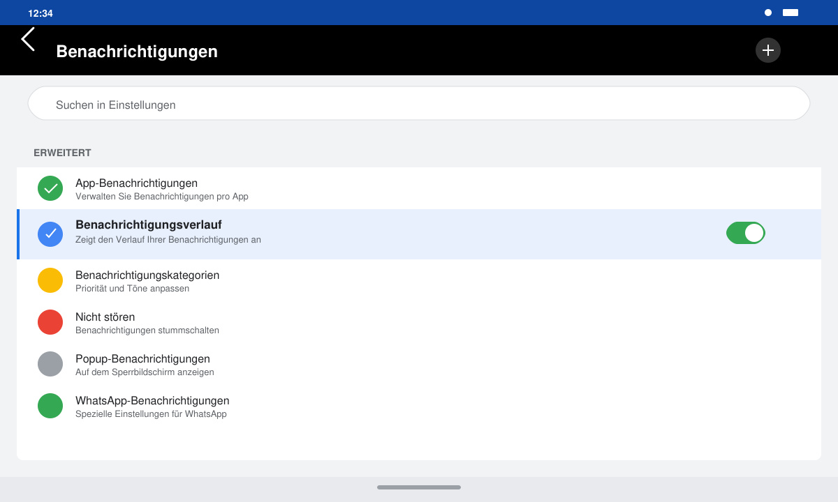 Android-Einstellungsmenü mit hervorgehobener Option „Benachrichtigungsverlauf“ und aktiviertem Schalter