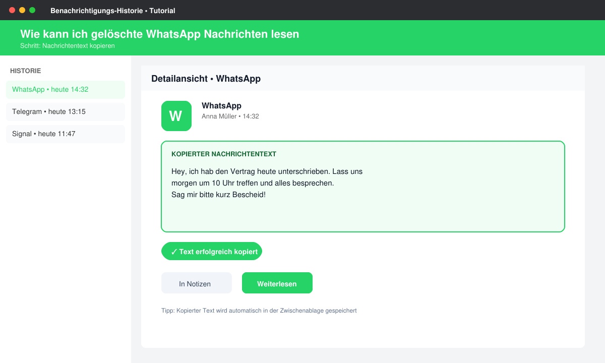 Detailansicht der Benachrichtigungs-Historie mit kopiertem WhatsApp-Nachrichtentext