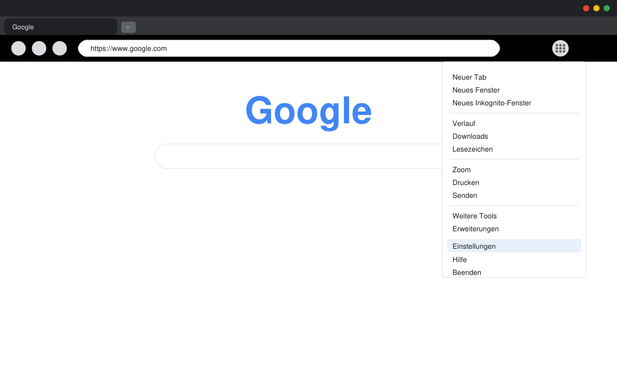 Bild zeigt das Chrome-Menü mit drei Punkten und den markierten Eintrag „Einstellungen“